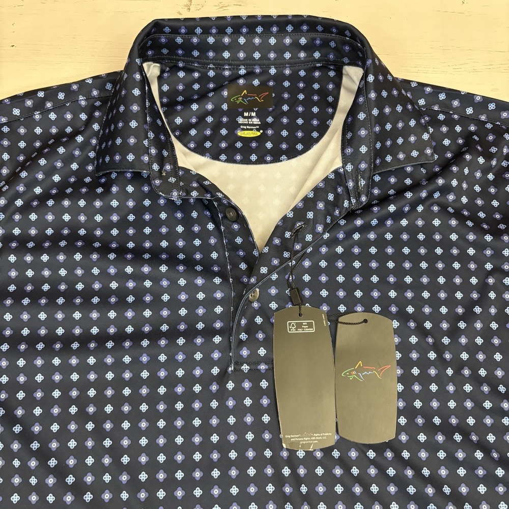 Greg Norman Polo Shirt Mens M Blue Geometric Play Dry Golf Performance Stretch